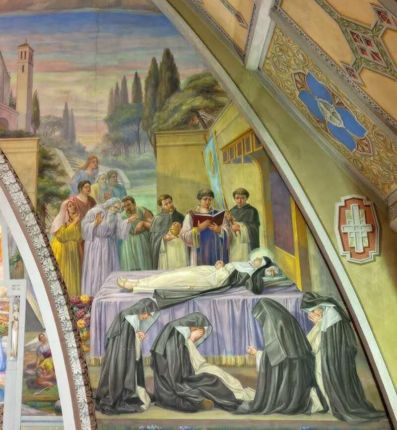 Panneau complet des funérailles de sainte Amélie, avec les personnes en deuil et les religieuses